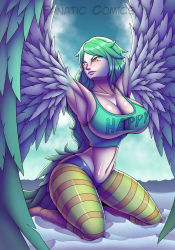 Rule 34 | 1girl, bare shoulders, bird legs, bird tail, breasts, curvy, female focus, green hair, harpy, highres, huge breasts, large breasts, long hair, looking away, monet (one piece), monster girl, one piece, shirt, sleeveless, sleeveless shirt, smile, solo, tail, wings, yellow eyes