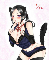 Rule 34 | 1girl, animal ears, bare shoulders, black hair, blush, breasts, cat ears, cat girl, cleavage, elbow gloves, female focus, fingerless gloves, gloves, hanzawa yoruka, large breasts, looking at viewer, magical girl apocalypse, mahou shoujo of the end, purple eyes, shorts, solo, tail, thighhighs, twintails
