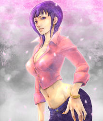 Rule 34 | 1girl, bad id, bad pixiv id, bracelet, breasts, casual, cherry blossoms, cleavage, denim, female focus, highres, jeans, jewelry, klesa, large breasts, leaning forward, midriff, navel, nico robin, one piece, pants, popped collar, purple hair, sleeves rolled up, solo