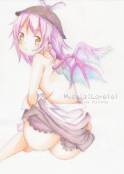 Rule 34 | 1girl, :d, ass, bird wings, character name, colored pencil (medium), ging1993, hat, looking at viewer, looking back, mystia lorelei, open mouth, orange eyes, pink hair, semi-transparent, short hair, smile, topless, touhou, traditional media, undressing, winged hat, wings