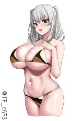 Rule 34 | 1girl, artist name, bare shoulders, bikini, blue eyes, blush, breasts, collarbone, cropped legs, gold bikini, grey hair, groin, hair between eyes, hand on own chest, hands up, highres, huge breasts, kantai collection, kashima (kancolle), looking at viewer, medium hair, navel, one-hour drawing challenge, open mouth, sidelocks, simple background, skindentation, solo, strap gap, swimsuit, teeth, tf cafe, thighs, twitter username, two side up, underboob, upper teeth only, white background