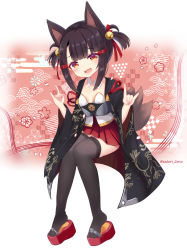 Rule 34 | 1girl, :d, akagi-chan (azur lane), animal ears, azur lane, bell, black thighhighs, brown hair, collar, collarbone, commentary request, detached collar, fang, fox ears, fox girl, fox shadow puppet, fox tail, full body, hair bell, hair ornament, hair ribbon, highres, jingle bell, kitsune, long sleeves, looking at viewer, open clothes, open mouth, platform footwear, pleated skirt, red eyes, red footwear, red ribbon, red skirt, ribbon, satori (ymoy), short twintails, sitting, skirt, smile, solo, strapless, tail, thighhighs, twintails, twitter username, white collar, wide sleeves, zettai ryouiki
