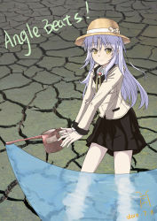 Rule 34 | 10s, 1girl, angel beats!, broken ground, copyright name, hat, highres, long hair, looking at viewer, school uniform, shuizhanglang, silver hair, skirt, smile, solo, sun hat, tenshi (angel beats!), typo, water, watering can, yellow eyes