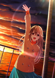 Rule 34 | 1girl, :d, absurdres, arm up, blue skirt, blush, brown coat, brown hair, buttons, cloud, cloudy sky, coat, commentary request, double-breasted, dutch angle, glasses, hair between eyes, highres, horizon, long hair, long sleeves, looking at viewer, ocean, open mouth, orange sweater, original, outdoors, pleated skirt, railing, red-framed eyewear, red eyes, semi-rimless eyewear, skirt, sky, smile, solo, standing, sunset, sweater, turtleneck, turtleneck sweater, under-rim eyewear, very long hair, water, yople star man