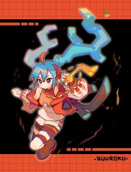 Rule 34 | 1girl, ahoge, aqua hair, blue hair, creatures (company), crossed bangs, fire miku (project voltage), game freak, hair between eyes, hatsune miku, headphones, highres, holding, jacket, long hair, long sleeves, multicolored hair, nintendo, open clothes, open jacket, pokemon, project voltage, red hair, shorts, simple background, solo, suuroku, twintails, very long hair, vocaloid