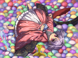 Rule 34 | 1girl, :t, ahoge, barefoot, black sash, blush, bowl, candy, chewing gum, commentary request, eating, food, fruit, full body, gumball, hair intakes, highres, holding, holding food, japanese clothes, kimono, long sleeves, looking at viewer, lying, mini person, minigirl, miracle mallet, needle, no headwear, obi, on back, petticoat, purple hair, raspberry, red eyes, red kimono, sash, short hair, solo, sukuna shinmyoumaru, syope, touhou, wide sleeves