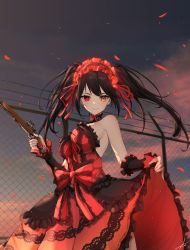 Rule 34 | 1girl, antique firearm, bare shoulders, black hair, breasts, chain-link fence, clock eyes, closed mouth, date a live, dress, falling petals, feint721, fence, finger on trigger, firearm, firelock, flintlock, floating hair, frilled dress, frilled hairband, frills, gothic lolita, gun, hairband, heterochromia, highres, holding, holding gun, holding weapon, lolita fashion, long hair, looking at viewer, medium breasts, neck garter, outdoors, petals, red dress, red eyes, sidelocks, skirt hold, sky, smile, solo, symbol-shaped pupils, tokisaki kurumi, twintails, weapon, yellow eyes