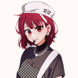 Rule 34 | 1girl, arima kana, beret, black shirt, bob cut, earrings, hat, highres, idol, inverted bob, jewelry, looking at viewer, oshi no ko, red eyes, red hair, redlittleplum, shirt, short hair, simple background, smile, solo, upper body, white background, white hat