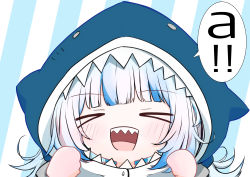 Rule 34 | &gt; &lt;, 1girl, :d, > <, a (phrase), absurdres, animal hood, ayahosiyuki, blue background, blue hair, blunt bangs, chibi, facing viewer, gawr gura, highres, hololive, hololive english, hood, hood up, medium hair, open mouth, shark hood, sharp teeth, simple background, smile, solo, speech bubble, striped, striped background, teeth, upper teeth only, vertical stripes, virtual youtuber, xd