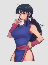 Rule 34 | 1girl, black eyes, black hair, blue dress, breasts, chi-chi (dragon ball), china dress, chinese clothes, closed mouth, dragon ball, dragon ball (classic), dress, grey background, hand on own hip, kemachiku, large breasts, long hair, looking at viewer, ponytail, simple background, solo, thighs