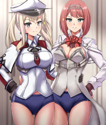 Rule 34 | 2girls, absurdres, ark royal (kancolle), black gloves, blonde hair, bloomers, blue bloomers, blue eyes, blunt bangs, bob cut, breasts, brown gloves, buruma, celtic knot, cleavage cutout, clothing cutout, commission, corset, cross, fingerless gloves, flower, gloves, graf zeppelin (kancolle), hair between eyes, hat, highres, inverted bob, iron cross, jacket, kantai collection, large breasts, long sleeves, medium breasts, military, military uniform, multiple girls, peaked cap, pixiv commission, purple eyes, red flower, red hair, red ribbon, red rose, ribbon, rose, short hair, sidelocks, tiara, twintails, uniform, white corset, white jacket, zanntetu