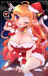 Rule 34 | &gt; o, 1girl, ahoge, alternate costume, black bow, black hairband, blonde hair, blunt bangs, blush, bow, bowtie, box, braid, breasts, bright pupils, brooch, cape, christmas, cleavage, cowboy shot, diagonal-striped bow, dragon girl, dragon horns, dress, fangs, fingernails, fur-trimmed cape, fur-trimmed skirt, fur trim, gem, gift, gradient eyes, hair ornament, hairband, hat, heart, highres, holding, holding gift, hololive, horn bow, horn ornament, horns, jewelry, kiryu coco, large breasts, long hair, merry christmas, mini hat, mini santa hat, multicolored bow, multicolored eyes, multicolored hair, night, one eye closed, open mouth, orange hair, pointy ears, pom pom (clothes), purple eyes, red cape, red eyes, red skirt, sakuramochi (sakura frappe), santa costume, santa dress, santa hat, single braid, skin fangs, skirt, skirt set, smile, solo, sparkle, spoken heart, strapless, streaked hair, striped, tilted headwear, tongue, tongue out, tube top, very long hair, virtual youtuber, white bow