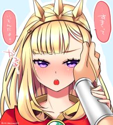 Rule 34 | 1girl, 1other, blonde hair, blunt bangs, blush, cagliostro (granblue fantasy), commentary request, gold hairband, granblue fantasy, hairband, hand in another&#039;s hair, holding another&#039;s wrist, long hair, looking at viewer, miya (chocolate holic), nose blush, open mouth, portrait, pov, pov hands, purple eyes, simple background, solo focus, translation request, white background