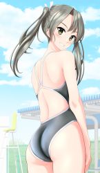 Rule 34 | 1girl, absurdres, ass, black one-piece swimsuit, blue sky, breasts, brown eyes, cloud, competition swimsuit, cowboy shot, from behind, grey hair, grey one-piece swimsuit, grin, hair ribbon, highres, kantai collection, long hair, looking at viewer, looking back, one-piece swimsuit, ribbon, sky, small breasts, smile, solo, swimsuit, takafumi, twintails, white ribbon, zuikaku (kancolle)