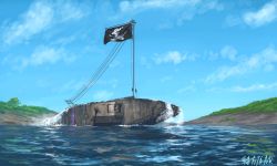 Rule 34 | 10s, artist name, cloud, cloudy sky, commentary, day, emblem, flag, girls und panzer, grass, hill, jolly roger, mark iv tank, military, military vehicle, motor vehicle, no humans, ogata tank, outdoors, pirate, pole, rigging, shark, signature, skull and crossbones, sky, submerged, tank, vehicle focus, water