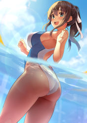 Rule 34 | 1girl, :d, air bubble, amamiya natsumi, ass, bare arms, bare legs, bare shoulders, blue sky, blush, breasts, brown hair, bubble, competition swimsuit, day, green eyes, hair ribbon, highleg, highleg swimsuit, highres, kekemotsu, lane line, large breasts, long hair, looking at viewer, looking back, one-piece swimsuit, open mouth, original, outdoors, paid reward available, partially submerged, partially underwater shot, ponytail, pool, ribbon, sideboob, sidelocks, sky, smile, solo, swimsuit, thighs, two-tone swimsuit, underwater, wading, water, wedgie, wet, white one-piece swimsuit
