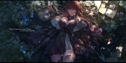 Rule 34 | 1girl, :d, artist name, bare shoulders, brown coat, brown dress, brown gloves, brown hair, choker, coat, dress, field, flower, flower field, fur-trimmed coat, fur trim, gloves, highres, light particles, long hair, looking at viewer, lying, on back, open clothes, open coat, open mouth, original, outdoors, own hands together, panties, pixiv fantasia, pixiv fantasia last saga, purple eyes, shade, sidelocks, smile, solo, strapless, strapless dress, sunlight, swd3e2, underwear, very long hair, white flower, white panties