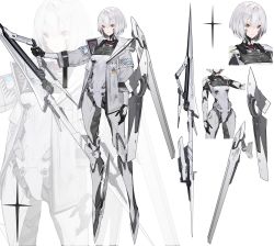 Rule 34 | 1girl, absurdres, breasts, chaomian buyao mian, character sheet, cyborg, full body, hair between eyes, highres, holding, holding weapon, jacket, joints, looking at viewer, original, robot joints, science fiction, shield, short hair, simple background, small breasts, weapon, white background, white hair, yellow eyes, zoom layer
