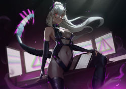 Rule 34 | 1girl, artist request, bare shoulders, bodysuit, breasts, cyborg, fingerless gloves, glasses, gloves, grey hair, highres, indie virtual youtuber, long hair, manuel alejandro plaza, mechanical tail, monitor, neon lights, ponytail, red eyes, saruei (vtuber), see-through, solo, tablet, tail, virtual youtuber