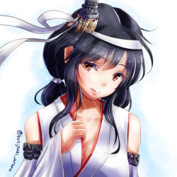 Rule 34 | 10s, bare shoulders, black hair, breasts, cleavage, colored eyelashes, detached sleeves, floral print, hair ornament, headband, hoshiyuki aruru, kantai collection, large breasts, light smile, nontraditional miko, orange eyes, short hair, solo, wide sleeves, yamashiro (kancolle), yamashiro kai ni (kancolle)