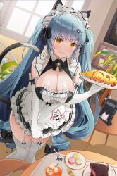 Rule 34 | 1girl, absurdres, animal ears, apron, black dress, blue hair, blush, breasts, cake, cake slice, cat ears, cat tail, character name, cleavage, clenched teeth, dress, drill hair, elbow gloves, fake animal ears, fake tail, food, gloves, goddess of victory: nikke, highres, large breasts, legwear garter, light blue hair, long hair, looking at viewer, macaron, maid, maid headdress, neck bell, official alternate costume, omelet, omurice, paw hair ornament, privaty (nikke), privaty (unkind maid) (nikke), rim (rimmon2438), solo, straw, tail, teeth, thighhighs, twin drills, twintails, very long hair, white apron, white gloves, white thighhighs, yellow eyes