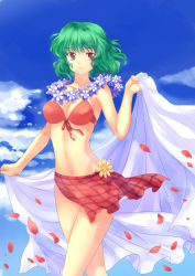 Rule 34 | 1girl, adapted costume, bad id, bad pixiv id, bikini, day, female focus, flower, flower necklace, front-tie top, green hair, jewelry, kazami yuuka, lei, necklace, petals, pico (picollector79), plaid, red bikini, red eyes, sarong, short hair, solo, swimsuit, touhou, unworn sarong, wreath
