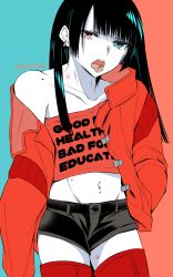 Rule 34 | 1boy, akira (manga), belly piercing, black hair, blue background, blue eyes, capsule, clothes writing, colored skin, crop top, crossdressing, drugs, earrings, english text, hand in pocket, heterochromia, highres, jacket, jewelry, jitome, long hair, looking at viewer, male focus, meme attire, midriff, mole, mole on shoulder, mole on stomach, navel, navel piercing, off shoulder, open mouth, original, piercing, pill on tongue, red background, red eyes, shisei (kyuushoku banchou), short shorts, shorts, simple background, solo, standing, teeth, thighhighs, tongue, tongue out, trap, twitter username, upper teeth only, watermark, white skin