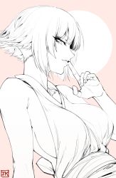 Rule 34 | 1girl, bare shoulders, bleach, breasts, dress, fang, from side, highres, j.k., large breasts, looking at viewer, monochrome, short hair, sideboob, signature, smile, solo, sui-feng, tongue, tongue out, upper body