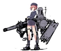 Rule 34 | 10s, 1girl, brown eyes, clothes writing, full body, gatling gun, gun, hat, kantai collection, long sleeves, machinery, neckerchief, red hair, sailor collar, sailor hat, short hair, simple background, solo, standing, sumisu (mondo), unfinished, weapon, white background, z3 max schultz (kancolle)