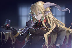 Rule 34 | 1girl, absurdres, animal ears, arknights, badge, black gloves, black jacket, black necktie, blonde hair, breasts, commentary, cup, cupping glass, degenbrecher (arknights), gloves, hair between eyes, highres, holding, holding cup, horns, jacket, long hair, long sleeves, necktie, small breasts, solo, tokinhr, upper body, yellow eyes