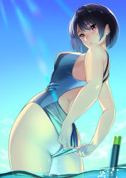 Rule 34 | 1girl, absurdres, adjusting clothes, adjusting swimsuit, ass, black hair, blurry, blush, breasts, commentary request, competition swimsuit, depth of field, from below, highres, kagematsuri, looking down, one-piece swimsuit, original, purple eyes, short hair, sideboob, snorkel, solo, swimsuit, twitter username, wading