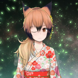 Rule 34 | 1girl, alternate costume, animal ears, black background, black hair, brown eyes, commentary request, floral print, flower, fox girl, glowing, gradient background, green background, grey kimono, highres, japanese clothes, kemono friends, kimono, light brown hair, long hair, long sleeves, looking at viewer, multicolored hair, obi, one eye closed, ponytail, print kimono, purple flower, red flower, red fox (kemono friends), sash, solo, white flower, yongdogi