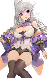 Rule 34 | 1girl, :d, akizone, bare shoulders, black shorts, black thighhighs, breasts, choker, cleavage, commentary, feet out of frame, final fantasy, final fantasy xiv, grey hair, highres, jacket, large breasts, long hair, long sleeves, looking at viewer, open mouth, original, puffy sleeves, purple choker, purple eyes, purple jacket, purple ribbon, ribbon, short shorts, shorts, simple background, skindentation, smile, solo, thighhighs, white background