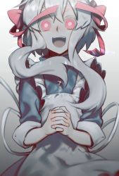 Rule 34 | 1girl, apron, bow, colored eyelashes, dress, hair bow, highres, interlocked fingers, kagerou project, kozakura marry, open mouth, own hands clasped, own hands together, pink eyes, red ribbon, ribbon, short hair with long locks, sidu (dsd kgn), solo, white hair