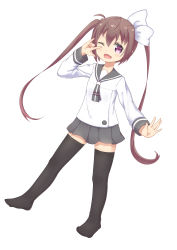 Rule 34 | 10s, 1girl, ;d, absurdres, black thighhighs, blush, bow, brown hair, fang, feiyyx, full body, grey neckwear, grey skirt, hair between eyes, hair bow, highres, long hair, long sleeves, looking at viewer, momochi tamate, no shoes, one eye closed, open mouth, outstretched arm, pleated skirt, purple eyes, school uniform, serafuku, shirt, sidelocks, simple background, skirt, slow start, smile, solo, standing, standing on one leg, thighhighs, twintails, v, very long hair, white background, white bow, white shirt