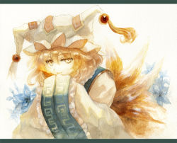 Rule 34 | 1girl, acrylic paint (medium), animal hat, bad id, bad pixiv id, blonde hair, dress, fox tail, hands in opposite sleeves, hat, hat with ears, keiko (mitakarawa), leaning forward, letterboxed, long sleeves, looking at viewer, mixed media, mob cap, multiple tails, ofuda, painting (medium), short hair, simple background, smile, solo, tabard, tail, tassel, third-party edit, touhou, traditional media, upper body, watercolor (medium), white background, white dress, wide sleeves, yakumo ran, yellow eyes