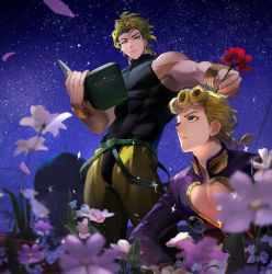Rule 34 | 2boys, abs, bare shoulders, black shirt, blonde hair, book, bracelet, dio brando, earrings, father and son, flower, giorno giovanna, green eyes, highres, holding, holding book, holding flower, jacket, jewelry, jojo no kimyou na bouken, long hair, long sleeves, looking at another, medium hair, multiple boys, muscular, muscular male, night, night sky, outdoors, pants, pink flower, pink jacket, red eyes, red flower, red rose, rose, shirt, sky, sleeveless, star (sky), stardust crusaders, starry sky, turtleneck, vampire, vento aureo, yellow pants, zouhyou (at4190)