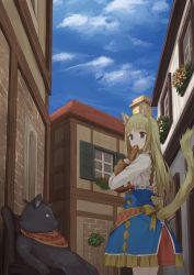 Rule 34 | 1girl, animal, animal ears, bad id, bad pixiv id, bag, black cat, blonde hair, blouse, blue eyes, blue skirt, blue sky, bow, bread, building, cat, cat ears, cat girl, cat tail, chair, commentary request, cowboy shot, day, eating, food, frilled skirt, frills, high-waist skirt, holding, holding bag, holding food, house, long sleeves, looking to the side, original, outdoors, pretzel stick, shirt, skirt, sky, solo, standing, tail, tareme, town, usagino suzu, whiskers, white shirt, yellow bow