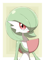 absurdres, colored skin, commentary request, creatures (company), game freak, gardevoir, gen 3 pokemon, highres, looking at viewer, multicolored, multicolored background, nintendo, open mouth, pokemon, pokemon (creature), red eyes, shabana may, smile, solo, spikes, tongue, upper body, white skin