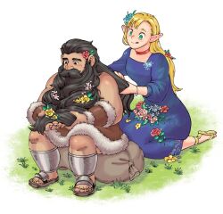 Rule 34 | 1boy, 1girl, armor, bare shoulders, beard, beard flower, black hair, blonde hair, blue dress, braid, dress, dungeon meshi, dwarf, elf, facial hair, flower, grass, green eyes, hair flower, hair ornament, hand in another&#039;s hair, highres, holding, holding another&#039;s hair, i (220 i 284), kneeling, leather armor, long beard, long hair, marcille donato, mustache, on grass, on ground, outdoors, playing with another&#039;s hair, pointy ears, senshi (dungeon meshi), sitting, sleeveless, thick mustache, very long beard
