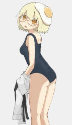 Rule 34 | 1girl, artist request, ass, bad id, bad pixiv id, blonde hair, blush, egg, feet out of frame, from side, glasses, grey background, highres, holding, holding clothes, looking back, object on head, one-piece swimsuit, open mouth, school swimsuit, shimeji simulation, short hair, simple background, solo, sunny side up egg, swimsuit, unworn shirt, yamashita majime