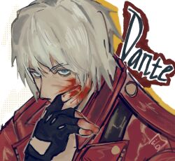 Rule 34 | 10 9a5, 1boy, blood, blood on face, blood on hands, blue eyes, coat, dante (devil may cry), devil may cry, devil may cry (series), devil may cry 3, fingerless gloves, gloves, highres, holding, looking at viewer, male focus, red coat, solo, white hair
