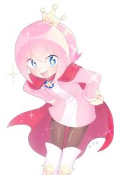 Rule 34 | 1boy, artist name, blue eyes, blush, boots, cape, crown, full body, gloves, hair between eyes, hands on own hips, highres, male focus, ocean prince, open mouth, pink hair, prince, puyopuyo, salde canarl shellbrick iii, sayaka (tirumoruti), simple background, solo, sparkle, white background
