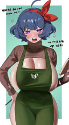 Rule 34 | 1girl, absurdres, ahoge, angry, apron, barista, blue hair, blush, border, breasts, brown sweater, character request, cleavage, cleavage cutout, clothing cutout, curvy, english text, engrish text, enta (nia), green apron, hair ribbon, hand on own hip, highres, holding, holding notebook, holding pen, huge breasts, iced latte with breast milk (meme), looking at viewer, meme, mole, mole under eye, nail polish, narrow waist, nearly naked apron, nia (nia4294), notebook, open mouth, original, pen, purple eyes, purple nails, ranguage, red ribbon, ribbon, short hair, sweater, talking, thick thighs, thighs, tsundere, turtleneck, turtleneck sweater, white border