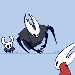 Rule 34 | 1girl, 2others, arthropod girl, blue background, cloak, dancing, eye contact, full body, grey cloak, high collar, hollow knight, hollow knight (character), hornet (hollow knight), knight (hollow knight), looking at another, multiple others, red cloak, sakana 2-gou, simple background