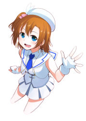 Rule 34 | 10s, 1girl, blue eyes, blue necktie, bow, brown hair, cropped legs, earrings, fingerless gloves, gloves, hair bow, hat, jewelry, kosaka honoka, looking at viewer, love live!, love live! school idol project, nanotsuki, necktie, one side up, open mouth, pink bow, pleated skirt, short hair, simple background, skirt, solo, white background, white gloves, white skirt, wonderful rush