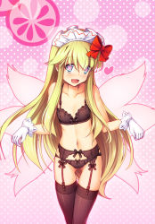 Rule 34 | 1girl, :d, bare shoulders, black bra, black garter belt, black panties, black thighhighs, blonde hair, blue eyes, blush, bow, bow bra, bow panties, bra, breasts, chima q, collarbone, covered erect nipples, eyes visible through hair, garter belt, gloves, gluteal fold, gradient background, hair between eyes, hair bow, heart, heart-shaped pupils, highres, lily white, lingerie, long hair, looking at viewer, maid headdress, navel, open mouth, panties, panties over garter belt, pink background, polka dot, polka dot background, red bow, simple background, small breasts, smile, solo, stomach, symbol-shaped pupils, thigh gap, thighhighs, touhou, underwear, underwear only, very long hair, white gloves