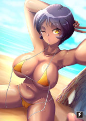 Rule 34 | 1girl, alex (totally spies), areola slip, armpits, beach, bikini, black hair, breasts, brown eyes, cameltoe, cleft of venus, covered erect nipples, dark-skinned female, dark skin, highres, large breasts, looking at viewer, navel, one eye closed, selfie, solo, swimsuit, teng zhai zi, thick thighs, thighs, totally spies, untied bikini, wink, wire, yellow eyes
