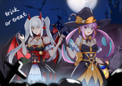Rule 34 | 2girls, bare shoulders, bat (animal), black dress, black headwear, blush, bow, breasts, castle, cleavage, commentary request, crossover, dress, flan (f l an), full moon, gloves, graveyard, halloween, hat, highres, holding, hololive, kagura gumi, kagura mea, large bow, long hair, looking at viewer, minato aqua, moon, multicolored hair, multiple girls, nail polish, one eye closed, open mouth, orange bow, purple eyes, purple hair, ribbon, silver hair, tongue, tongue out, trick or treat, twintails, two-tone hair, very long hair, virtual youtuber, wings, witch hat