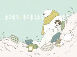 Rule 34 | 1girl, animal, black eyes, blanket, book, brown hair, clothed animal, east sha2, glasses, leaf, no nose, original, pillow, plaid pillow, plant, scarf, short hair, yellow scarf
